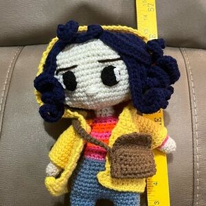 Handmade Coraline Crochet Doll in Yellow Coat with Navy Hair
